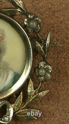 Beautiful Broche Ancienne In Argent Massif Peinture Miniature Portrait Women 19th