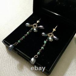 Beautiful Emerald Emerald Earrings, Grey Bead, Vermeil, Silver