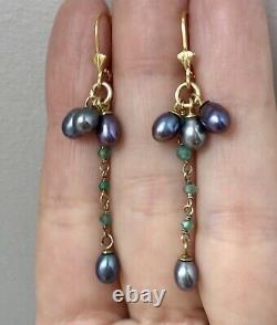 Beautiful Emerald Emerald Earrings, Grey Bead, Vermeil, Silver