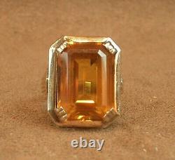 Beautiful Important Antique Ring Solid Silver and Gold Large Orange Stone