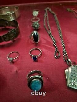 Beautiful Lot of 25 Antique Solid Silver Jewelry Necklace Bracelet Ring 236 Grams