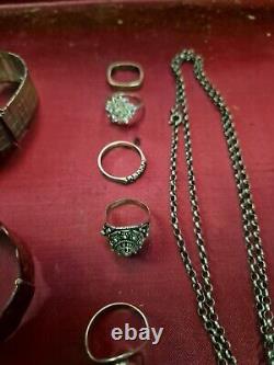 Beautiful Lot of 25 Antique Solid Silver Jewelry Necklace Bracelet Ring 236 Grams
