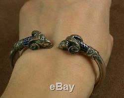 Beautiful Old Bangle In Sterling Silver And Email Double Heads De Belier