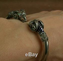 Beautiful Old Bangle In Sterling Silver And Email Double Heads De Belier