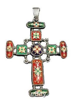 Beautiful Old Cross In Enamels From Bressans Mount Sterling Silver Punched