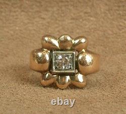 Beautiful Ring Ancient Art Deco Gold And Silver Massif Poincon Mixed Pierre Blanche