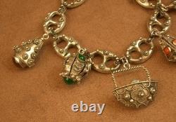 Beautiful antique sterling silver charm bracelet, coffee bean link chain