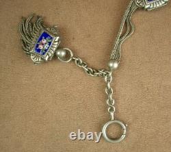 Belle Chatelaine Giletiere Chaine De Montre Ancienne En Argent Massif Emaille