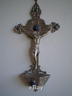 Benitier Christ Silver Massive XIX ° Ancient Orfevrerie Cabochon Stone Hard Cross