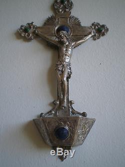 Benitier Christ Silver Massive XIX ° Ancient Orfevrerie Cabochon Stone Hard Cross