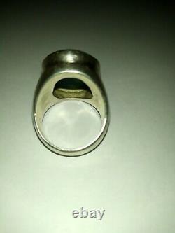 Big Old Ring With Jade In Solid Silver Cabochon 925 T62