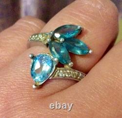 Blue-Silver Topaz Solid Large Vintage/Antique Ring-Old Jewelry 925-Flower