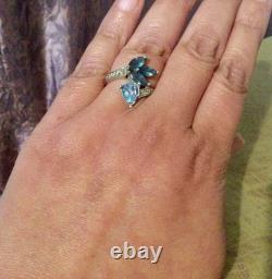 Blue-Silver Topaz Solid Large Vintage/Antique Ring-Old Jewelry 925-Flower