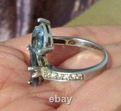 Blue-Silver Topaz Solid Large Vintage/Antique Ring-Old Jewelry 925-Flower