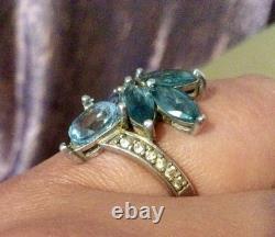 Blue-Silver Topaz Solid Large Vintage/Antique Ring-Old Jewelry 925-Flower