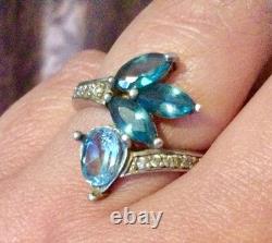 Blue-Silver Topaz Solid Large Vintage/Antique Ring-Old Jewelry 925-Flower