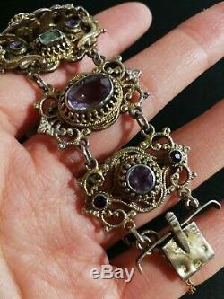 Bracelet Former 19th Hungarian Astro Amethyst Stones And Rhinestones Or