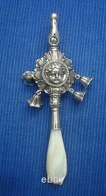 C5 Très Beau Hochet Silver Grelot Simmer Massif 19th Mother Of Pearl Angelot Ancien