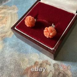 Carved Coral Flower, Solid Silver, Beautiful Antique Earrings