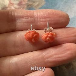 Carved Coral Flower, Solid Silver, Beautiful Antique Earrings