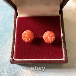 Carved Coral Flower, Solid Silver, Beautiful Antique Earrings