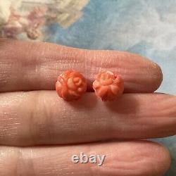 Carved Coral Flower, Solid Silver, Beautiful Antique Earrings