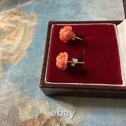Carved Coral Flower, Solid Silver, Beautiful Antique Earrings