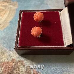 Carved Coral Flower, Solid Silver, Beautiful Antique Earrings