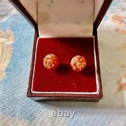 Carved Coral Flower, Solid Silver, Beautiful Antique Earrings