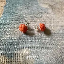 Carved Coral Flower, Solid Silver, Beautiful Antique Earrings