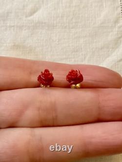 Carved Coral Flower, Vermeil, Solid Silver, Vintage Earrings