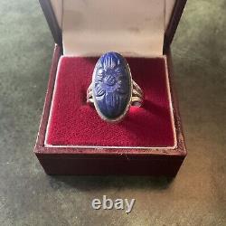 Carved Lapis Lazuli Cameo, Solid Silver, Antique Marquise Ring