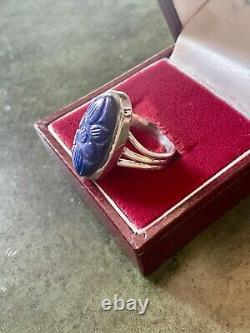 Carved Lapis Lazuli Cameo, Solid Silver, Antique Marquise Ring