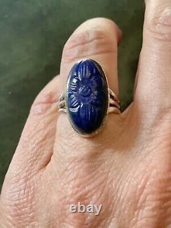 Carved Lapis Lazuli Cameo, Solid Silver, Antique Marquise Ring