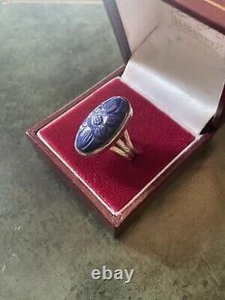 Carved Lapis Lazuli Cameo, Solid Silver, Antique Marquise Ring