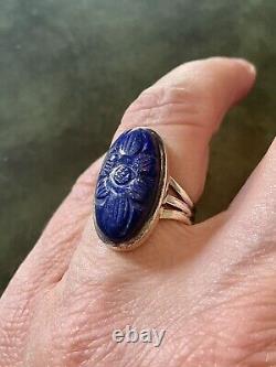 Carved Lapis Lazuli Cameo, Solid Silver, Antique Marquise Ring