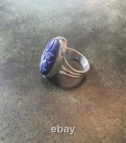 Carved Lapis Lazuli Cameo, Solid Silver, Antique Marquise Ring