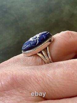 Carved Lapis Lazuli Cameo, Solid Silver, Antique Marquise Ring