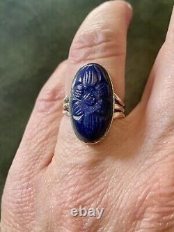 Carved Lapis Lazuli Cameo, Solid Silver, Antique Marquise Ring