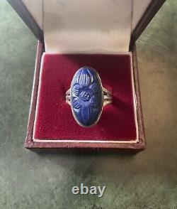 Carved Lapis Lazuli Cameo, Solid Silver, Antique Marquise Ring