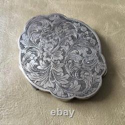 Carved Solid Silver Powder Box with Antique Floral Decor