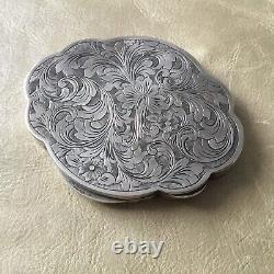 Carved Solid Silver Powder Box with Antique Floral Decor