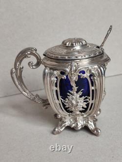 Charles Harleux Former Pretty Mustard Pot Solid Silver Blue Interior Style L XV
