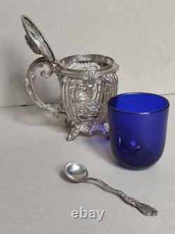 Charles Harleux Former Pretty Mustard Pot Solid Silver Blue Interior Style L XV