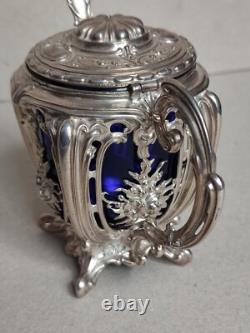 Charles Harleux Former Pretty Mustard Pot Solid Silver Blue Interior Style L XV