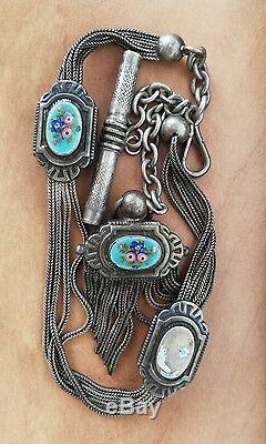 Chatelaine Enamelled Old Watch In Sterling Silver