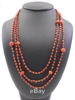 Collier Old Coral Beads 3 Rows Of Red Mounted On Massive Money XIX