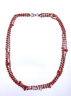 Collier Old Coral Beads 3 Rows Of Red Mounted On Massive Money XIX