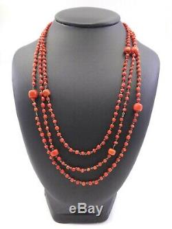 Collier Old Coral Beads 3 Rows Of Red Mounted On Massive Money XIX