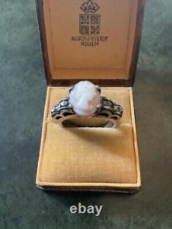 Coral Pink Cameo, Marcasites, Solid Silver, Very Beautiful Antique Ring